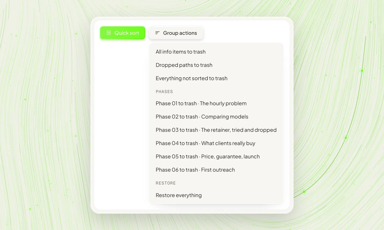 Group actions: send a whole phase to the trash, or restore everything